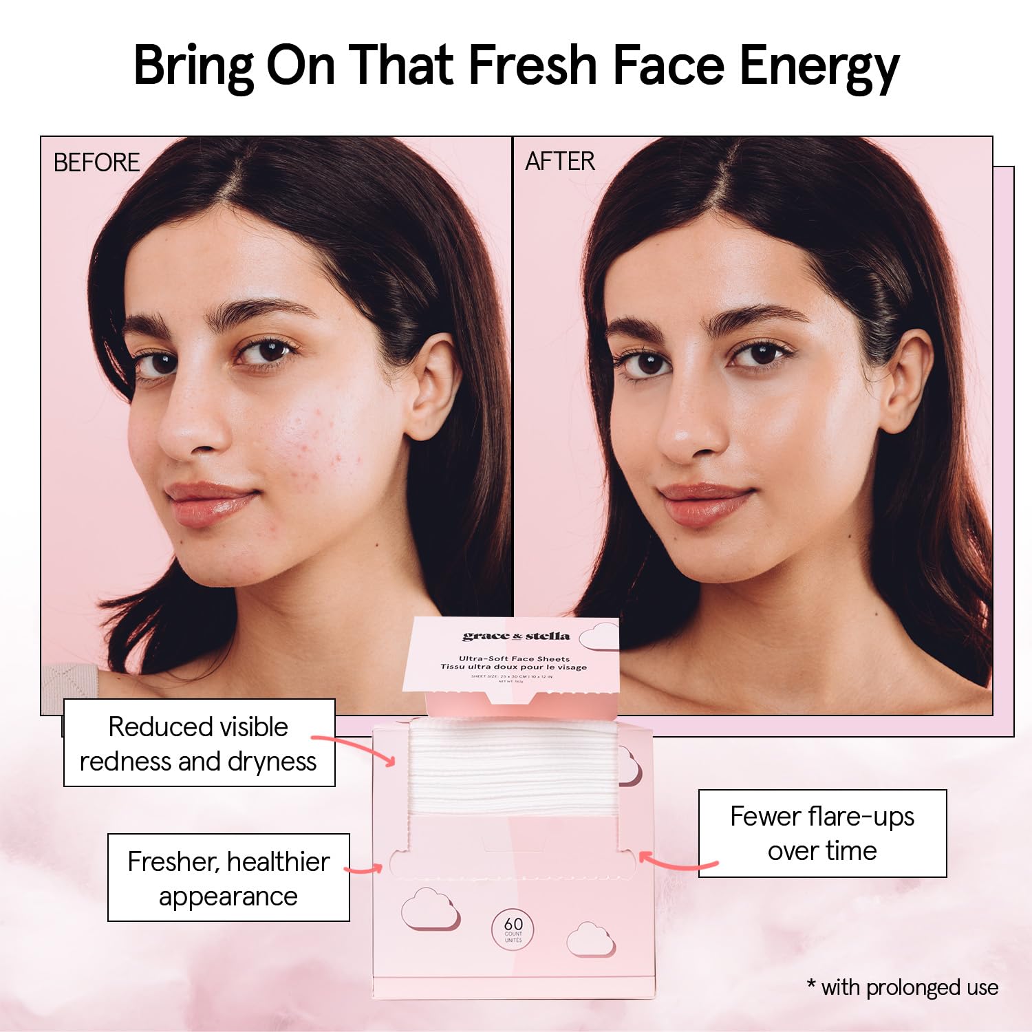 grace & stella Face Towels Disposable - Travel Essentials (60 Count) | Ultra-Soft & Absorbent Face Wipes Towelettes - XL Facial Towels for Cleansing & Makeup Removal - Lint-Free Facial Tissue