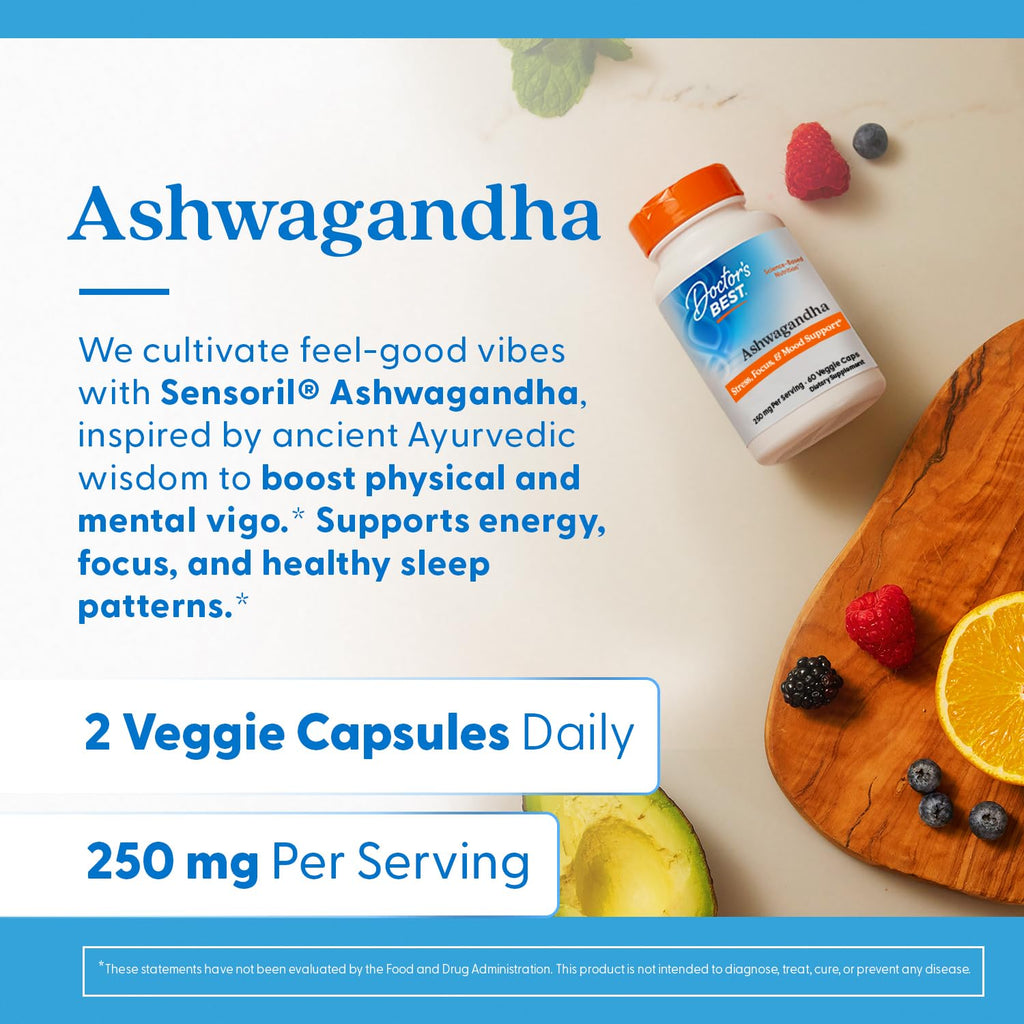 Buy now Doctor's Best Ashwagandha with Sensoril, Ayurvedic Herb, Standardized Withania somnifera Extract, Clinically Proven to Support Mental Focus, Cardiovascular Health & Healthy Energy, 125mg, 60 Count at indiglob india