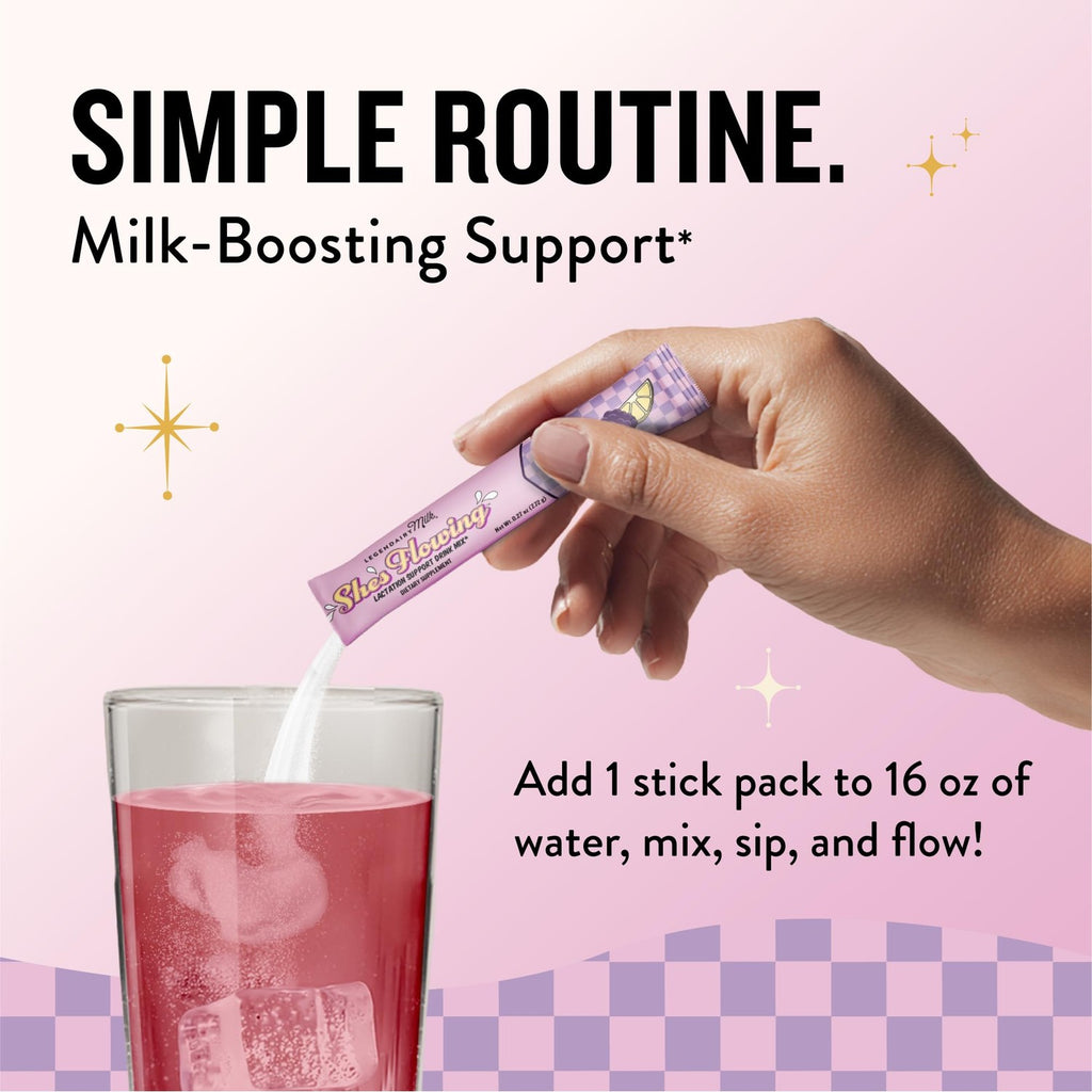 Legendairy Milk She's Flowing Lactation Hydration Mix, 18 Stick Packs | Blackberry Lemonade Electrolyte Sticks with Coconut Water, Moringa and Milk Thistle, Fenugreek-Free Postpartum Hydration