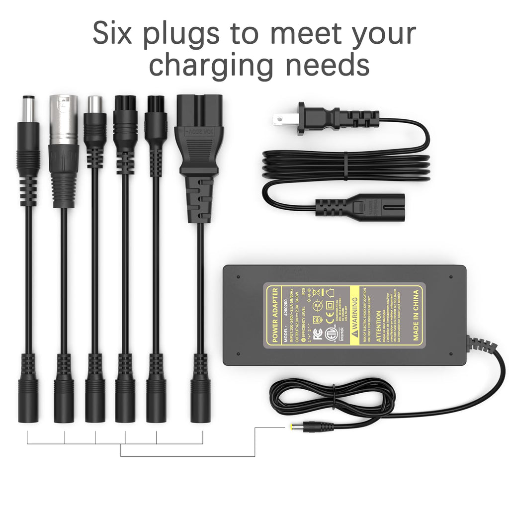 ETL Certified 42V 2A Electric Scooter Charger, 7-in-1 Universal Charger Replacement for 36V 10S Lithium Battery, Compatible with Razor Gotrax Xiaomi Jetson Ninebot Hoverboard & E-Bike
