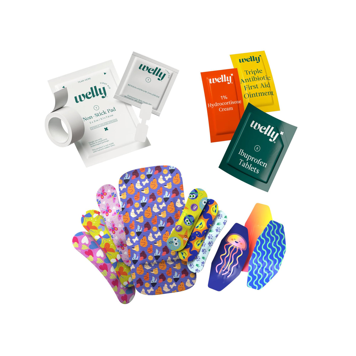 Welly First Aid Kit | FSA Eligible | Adhesive Flexible Fabric and Waterproof Bandages, Tape and Non-Stick Pads, Butterfly Strips, Triple Antibiotic and Hydrocortisone Ointments, Ibuprofen - 130 Count