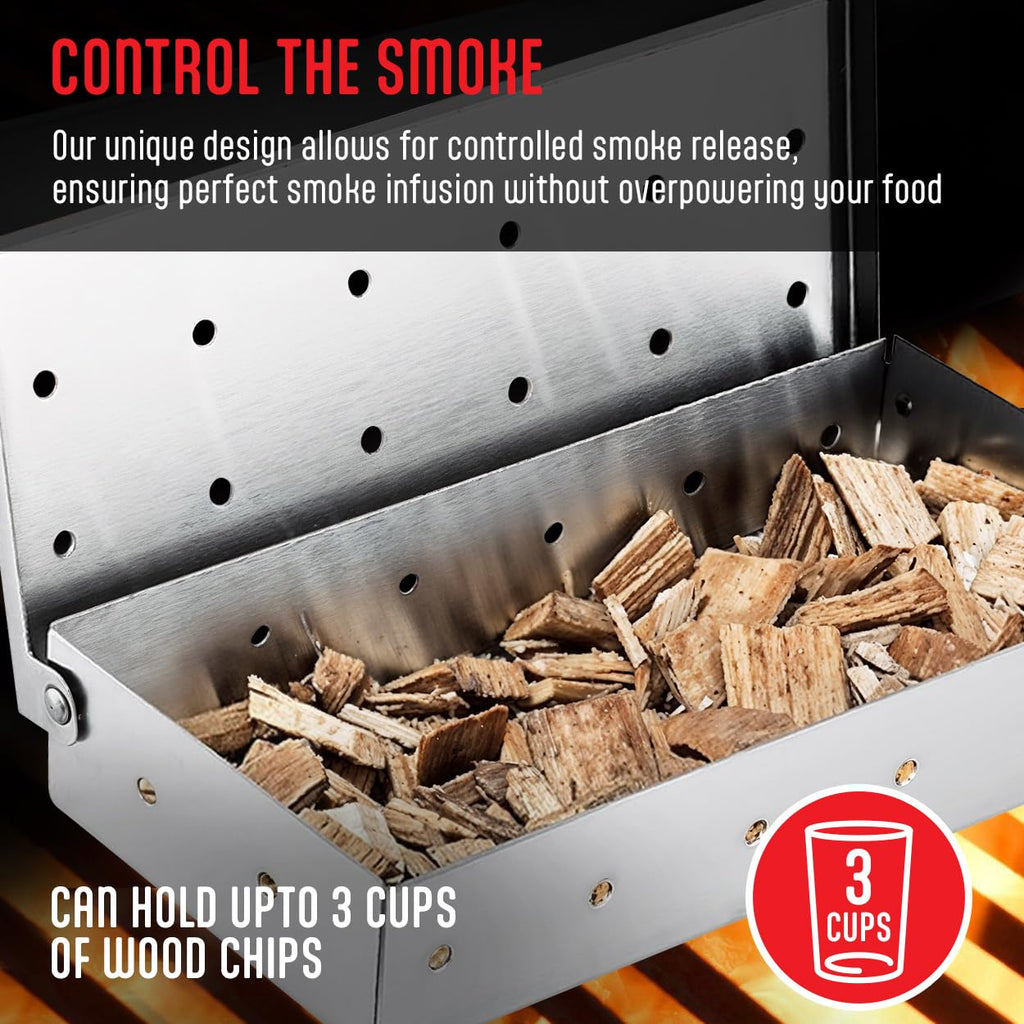 Kaluns Universal Stainless Steel Smoker Box, Gas or Charcoal Grill Smoke Box, Works with Wood Chips, add Delicious Smoked Flavor, Hinged Lid,Warp Free Grill Accessories