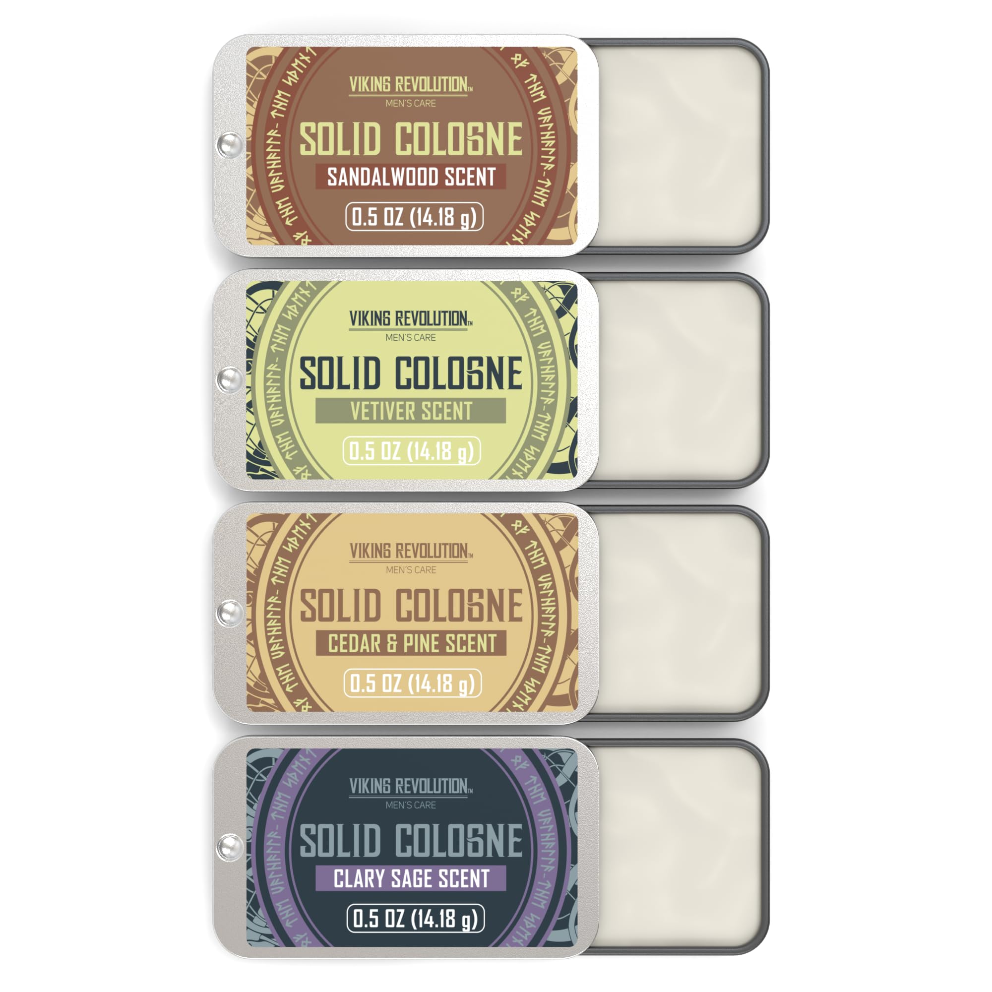 Viking Revolution Solid Cologne Set - Variety 1-0.5 oz (4 Pack) | Includes Cedar Wood, Clary Sage, Vetiver & Sandalwood - Travel Wax Colognes - Great Gift Set for Men
