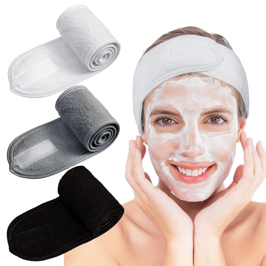 Buy now Whaline 3Pcs Spa Facial Headband Make Up Wrap Head Terry Cloth Headband Adjustable Washable Towel for Face Washing Shower Skincare Facial Treatment Sport Fits Makeup (White, Black, Gray) White, Black, Gray at indiglob india