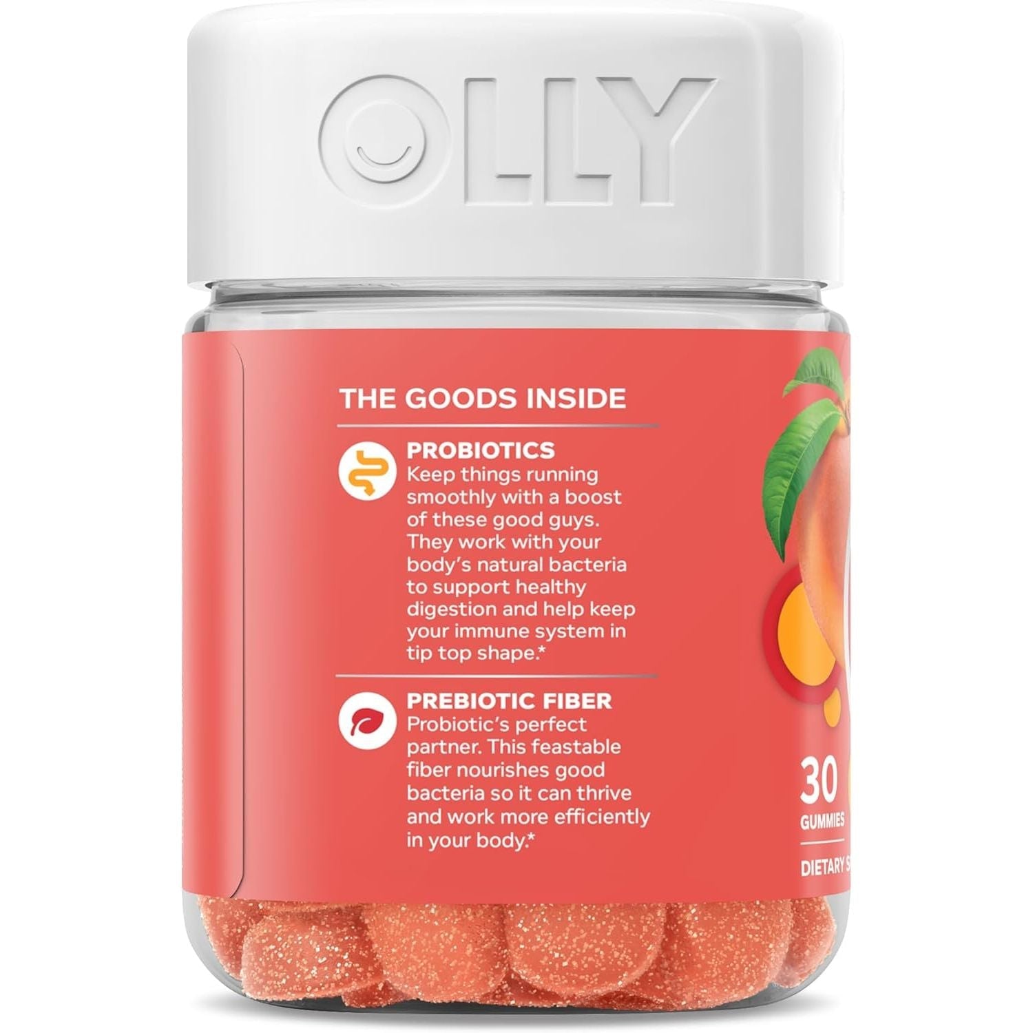 Buy now OLLY Probiotic + Prebiotic Gummy, Digestive Support and Gut Health, 500 Million CFUs, Fiber, Adult Chewable Supplement for Men and Women, Peach, 30 Day Supply - 30 Count at indiglob india