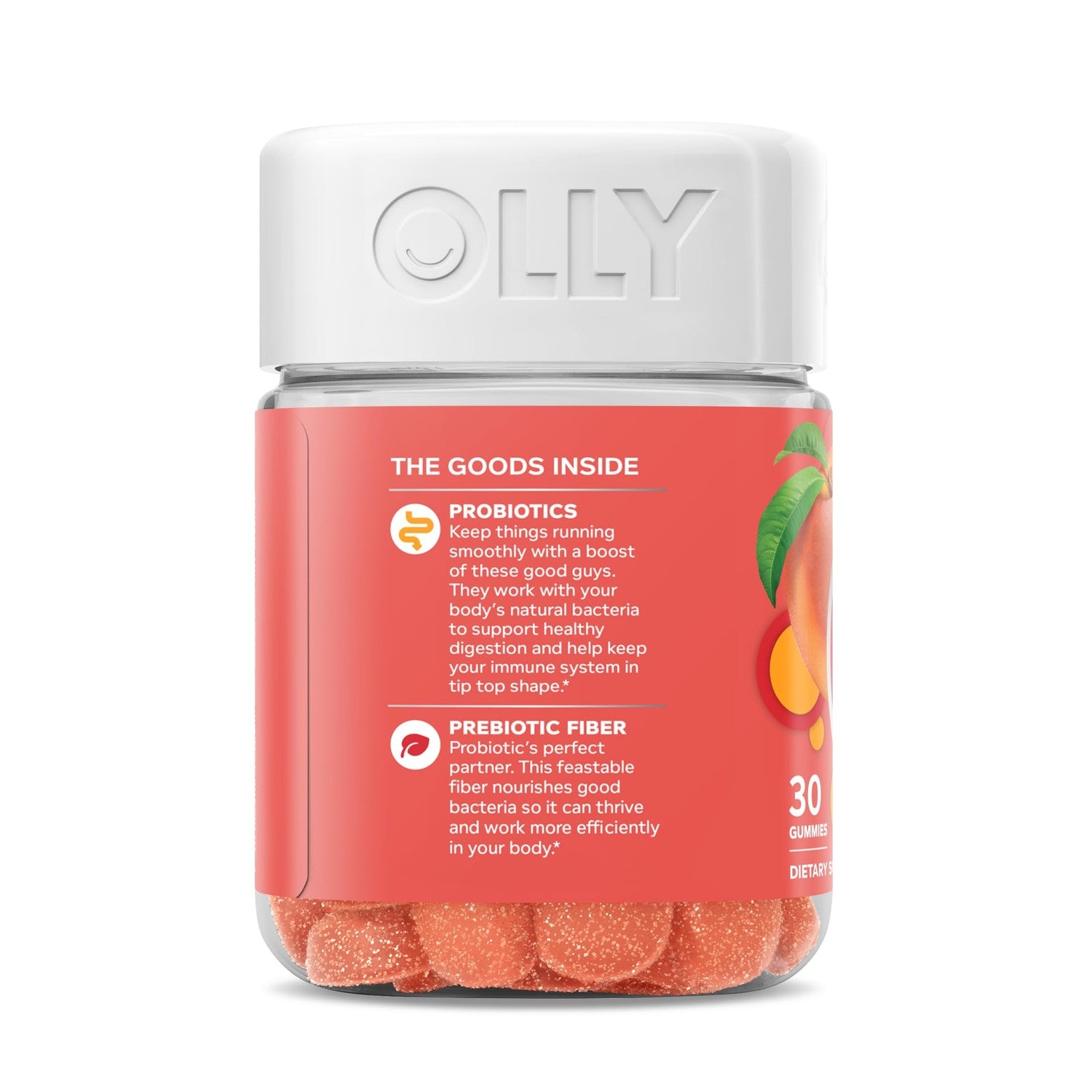 OLLY Probiotic + Prebiotic Gummy, 500 million CFUs, Peachy Peach - 30 Count