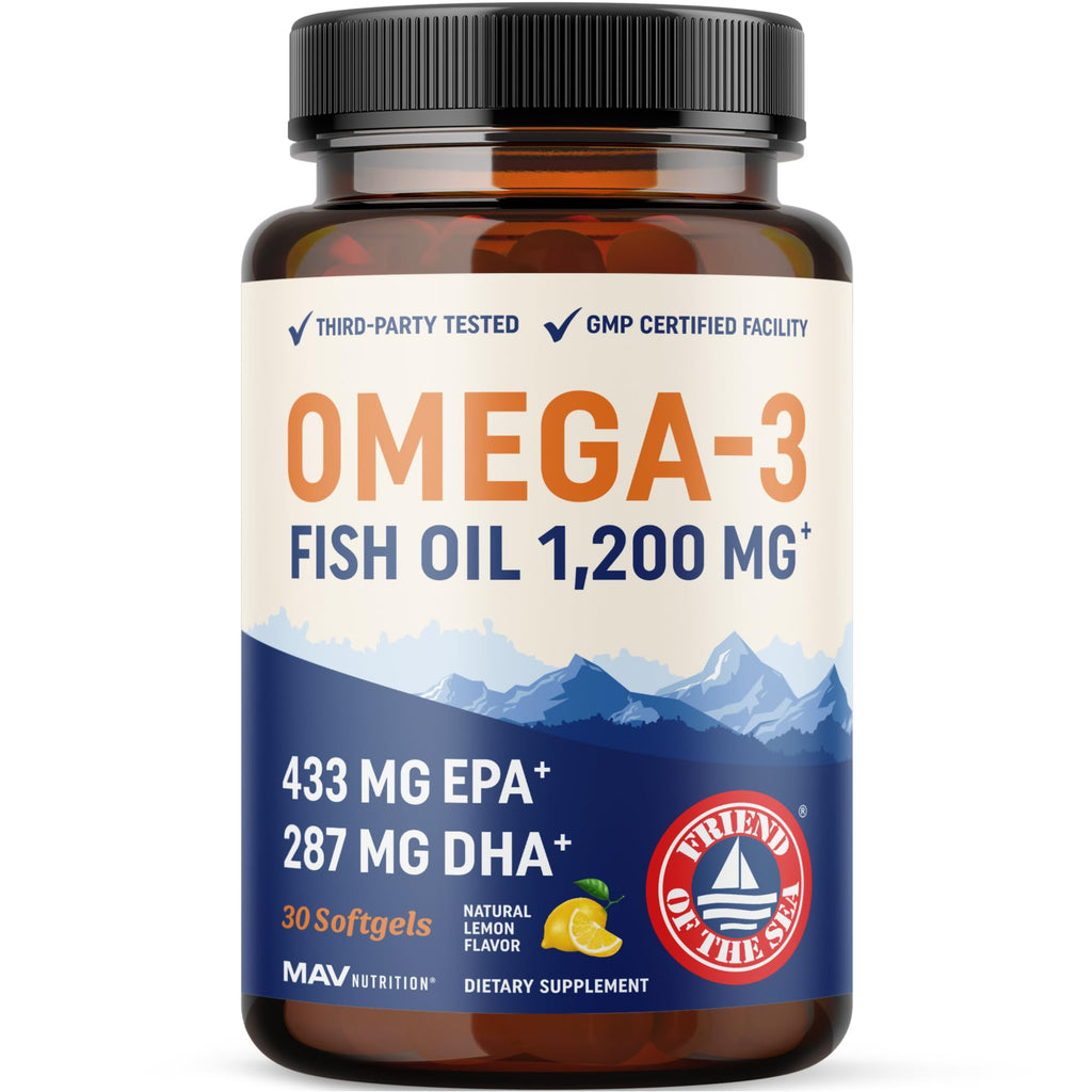 Triple Strength Omega 3 Fish Oil 1200 mg, EPA & DHA, Premium Wild Caught | Sustainably-Sourced Omega-3 Fatty Acids, Burpless Fish Oil Supplements, Clean Label Certified, 3rd-Party Tested, 30 Softgels
