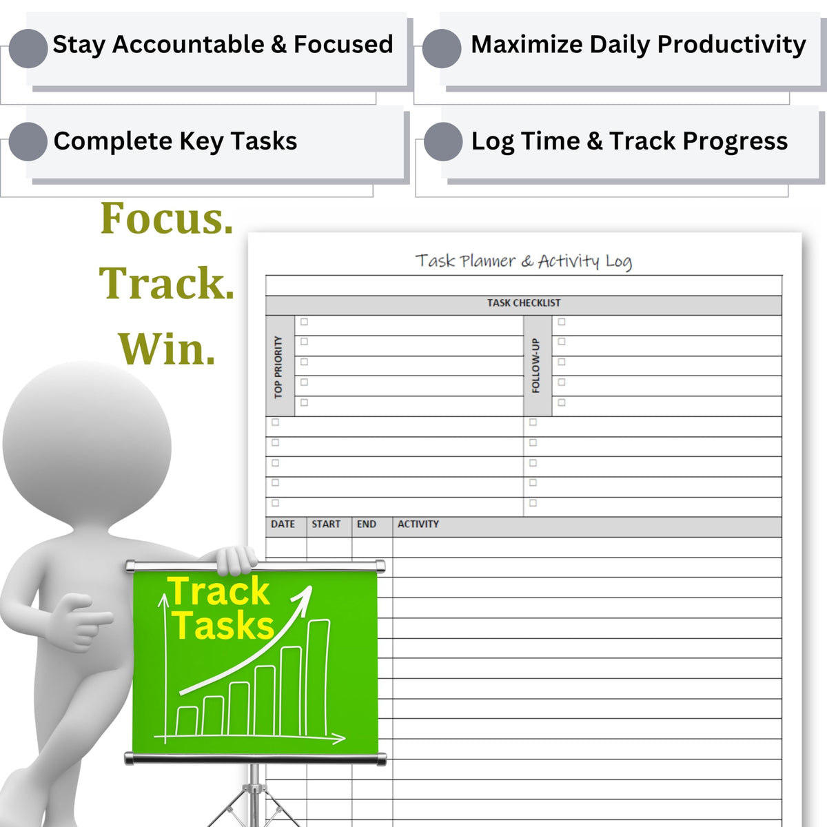 Task Planner & Activity Log Notepad for Work, Daily To Do List with Checklist, Time Tracking & Notes, 60 Pages, 8.5 x 11 Letter, Portrait – Life Charge
