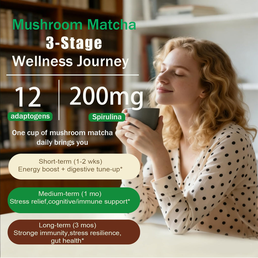 Mushroom Matcha with 12 Mushrooms with Lion's Mane, Chaga and Probiotics, Ceremonial Grade Matcha Powder for Focus, Digestion & Immunity - 30 Servings