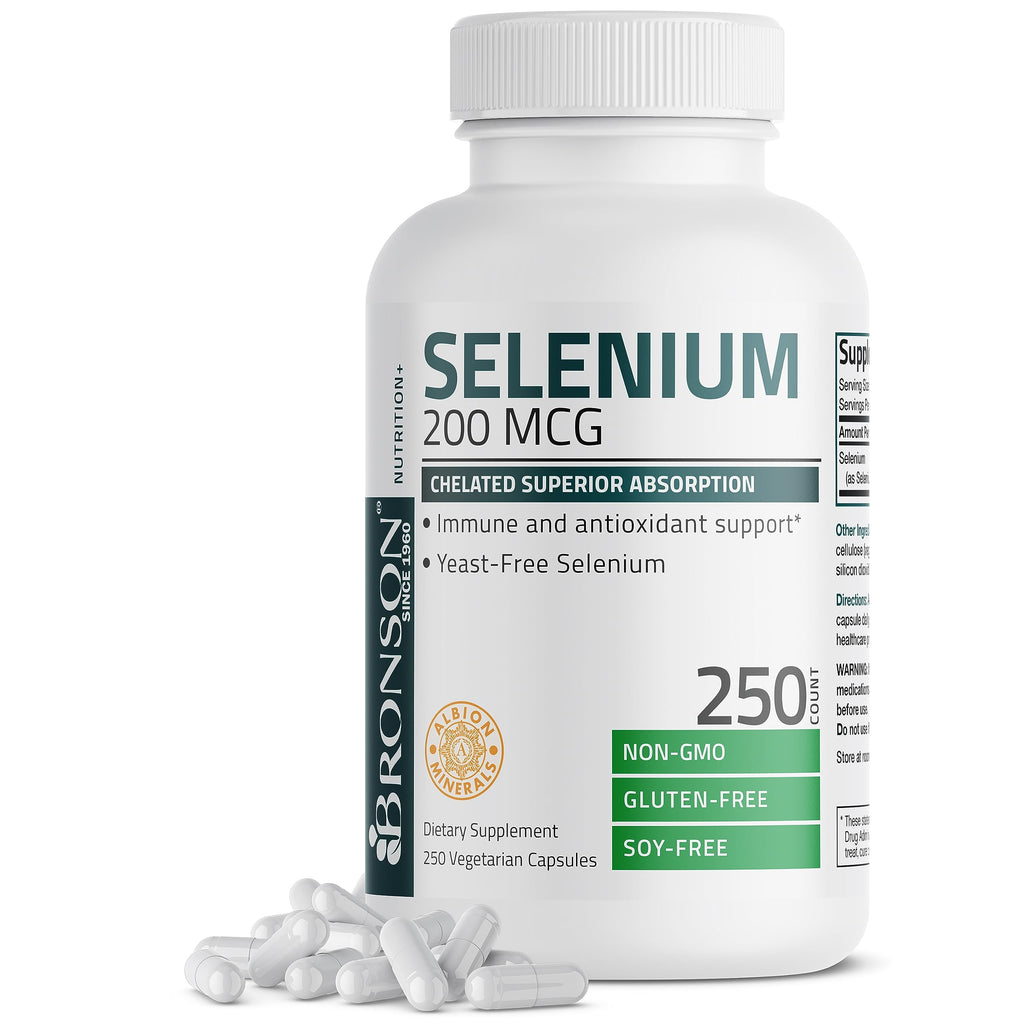 Bronson Selenium 200 mcg Albion Chelated Amino Acid Complex, 250 Capsules | Yeast-Free Essential Trace Mineral, Immune, Prostate & Metabolism Support, Vegetarian, Non-GMO, Gluten-Free & Soy-Free