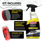 Weiman Heavy Duty Stove and Oven Cleaner 3 Piece Total Clean Kit, For Baked on Grease, Grime, Carbonized Food, Includes Foaming Cleaner (24oz), Precision Razor Tool, Dual-Action Scrub & Shine Sponge