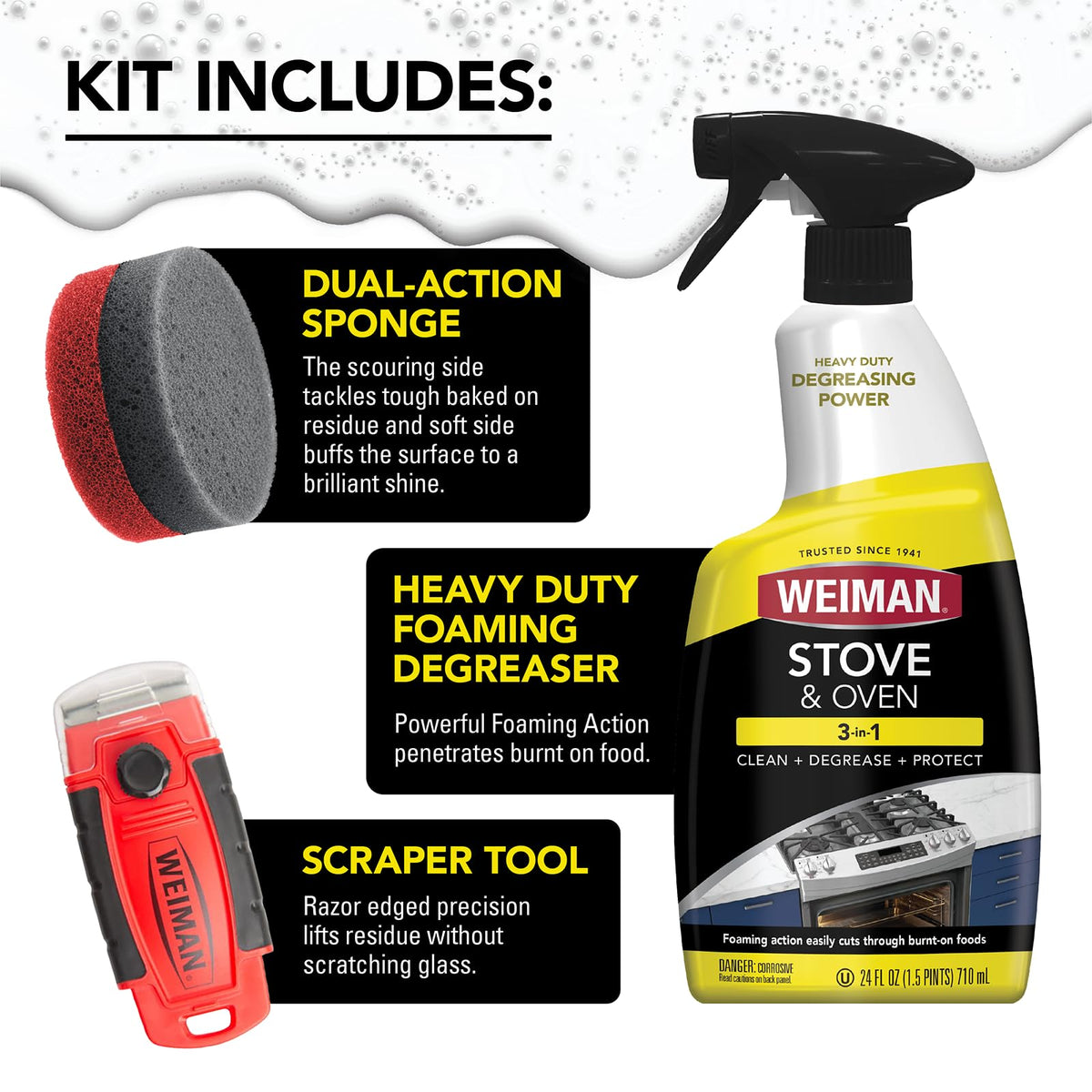 Weiman Heavy Duty Stove and Oven Cleaner 3 Piece Total Clean Kit, For Baked on Grease, Grime, Carbonized Food, Includes Foaming Cleaner (24oz), Precision Razor Tool, Dual-Action Scrub & Shine Sponge