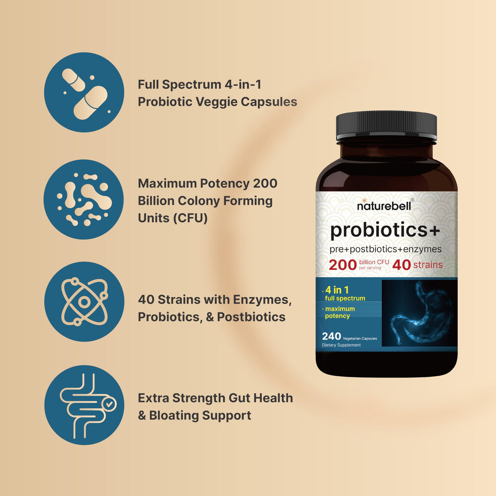NatureBell Probiotics 200 Billion CFU Per Serving, 40 Strains, 240 Capsules | 4-in-1: Probiotics, Prebiotics, Postbiotics & Enzymes. Full-Spectrum, Multi-Strain. For Men & Women. Vegetarian, Non-GMO.
