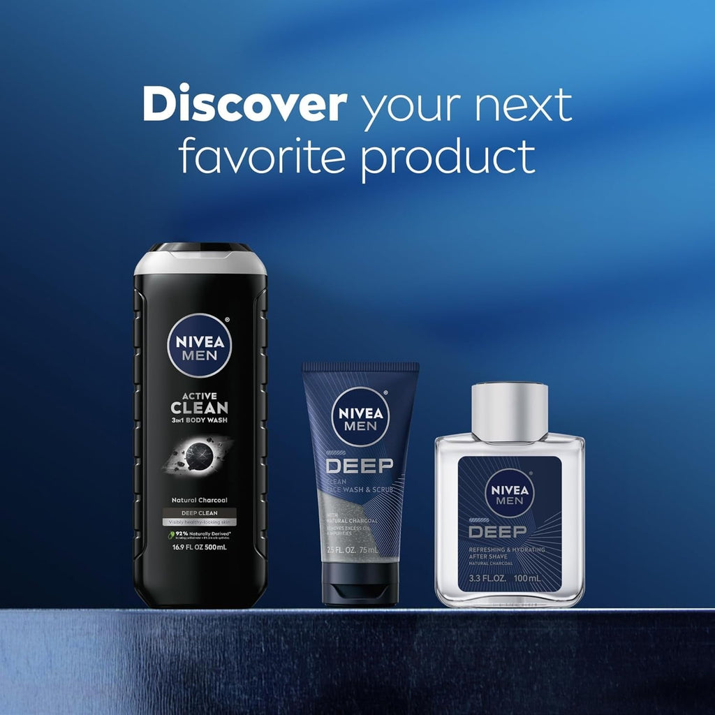 Buy now NIVEA Men Active Clean Body Wash with Natural Charcoal for Normal to Oily Skin, 3-in-1 Charcoal Body Wash, Face and Hair, Draws Out Dirt and Impurities, 16.9 Fl Oz Bottle, Pack of 3 at indiglob india