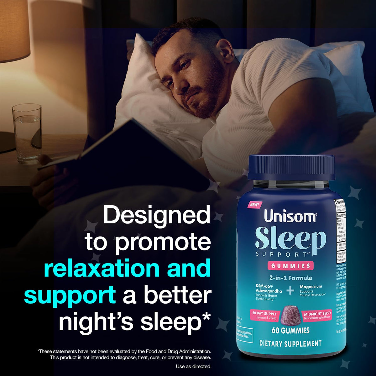 Unisom Sleep Support Gummies, 2-in-1 Magnesium Ashwagandha Drug-Free Formula, Supports Healthy Sleep Routines, Midnight Berry Flavor, 60 Count