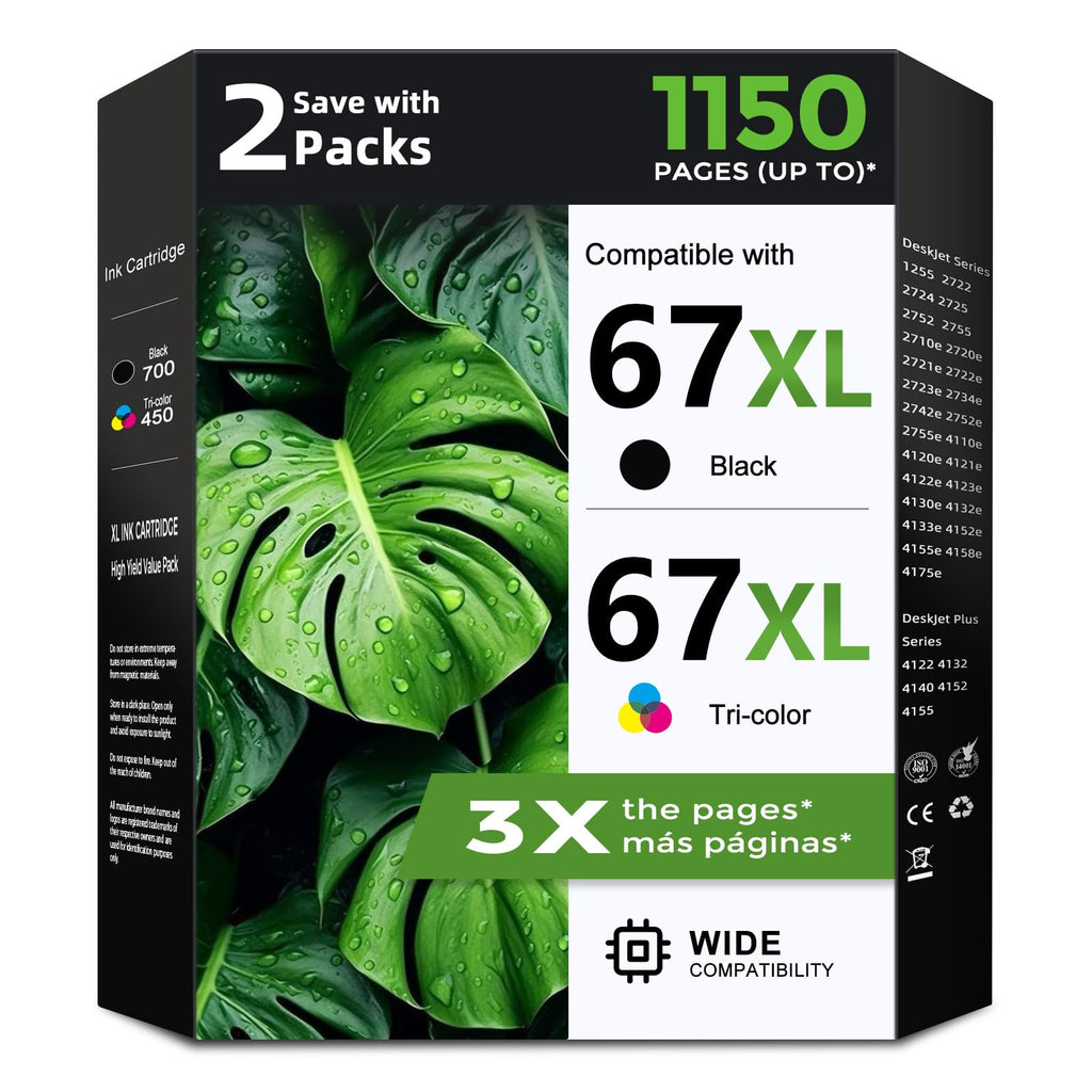 67XL Ink Cartridges Black/Color Combo Pack Replacement for HP 67 XL HP67XL