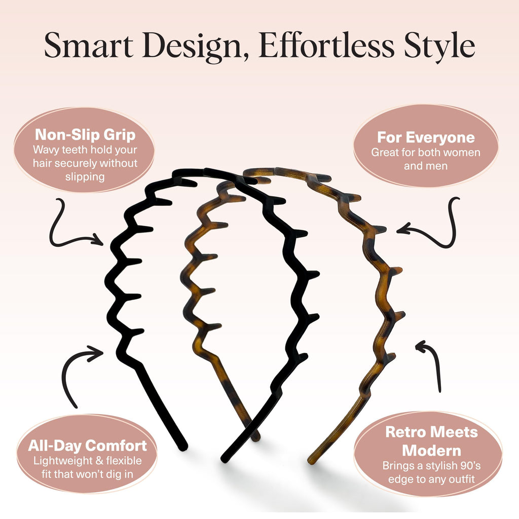 Kitsch Zig Zag Headbands for Women - Black and Tortoise, 2 pcs | Fashion Accessories for Slicked Back Styles | Comfortable Wavy Headbands | Comb Headband with Teeth