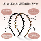 Kitsch Zig Zag Headbands for Women - Black and Tortoise, 2 pcs | Fashion Accessories for Slicked Back Styles | Comfortable Wavy Headbands | Comb Headband with Teeth