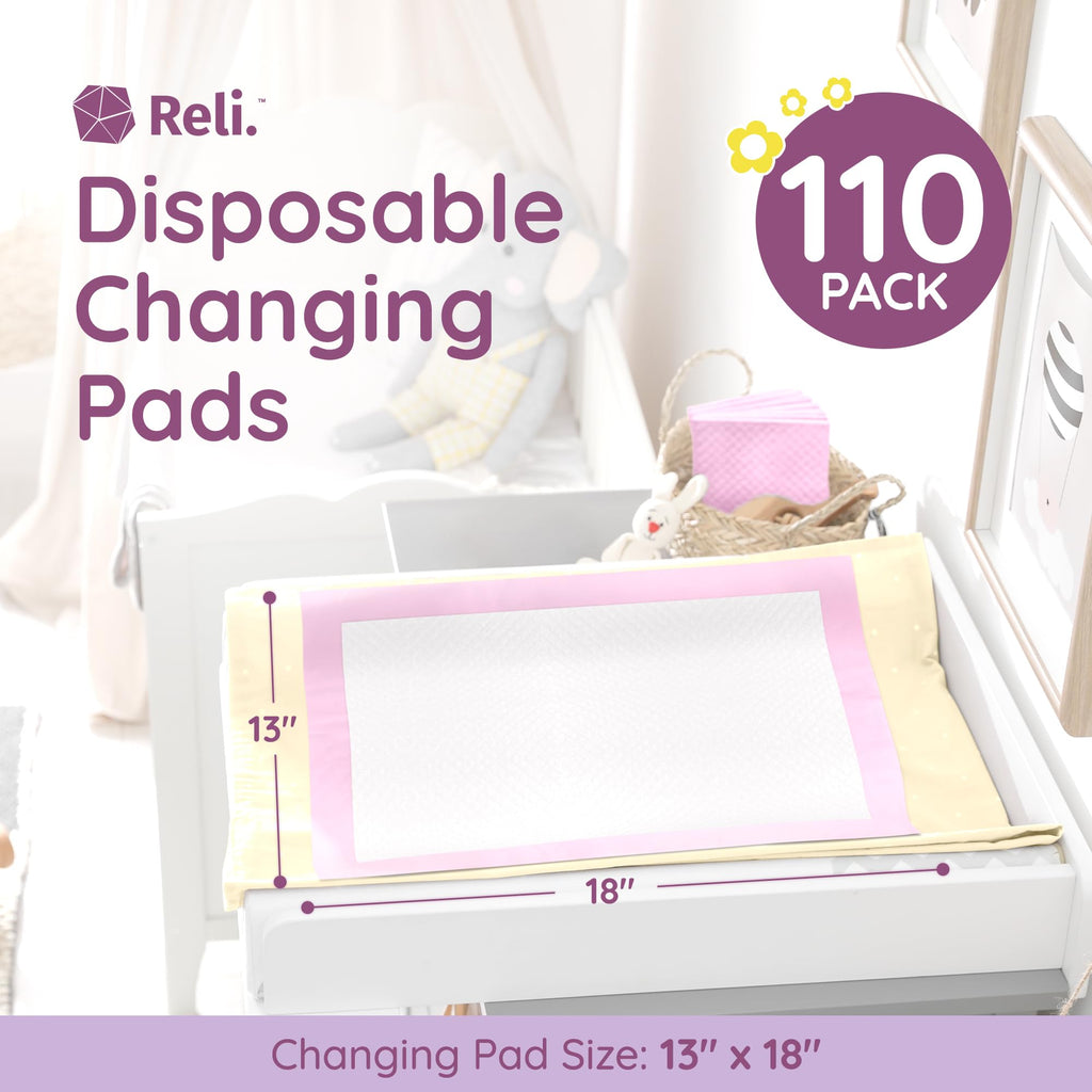 Reli. Disposable Changing Pads for Baby (110 Pack) | 13" x 18" Pink Disposable Diaper Changing Pad Liners | Super Absorbent, Leak-Proof | Waterproof, Quick Dry Underpads