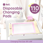 Reli. Disposable Changing Pads for Baby (110 Pack) | 13" x 18" Pink Disposable Diaper Changing Pad Liners | Super Absorbent, Leak-Proof | Waterproof, Quick Dry Underpads
