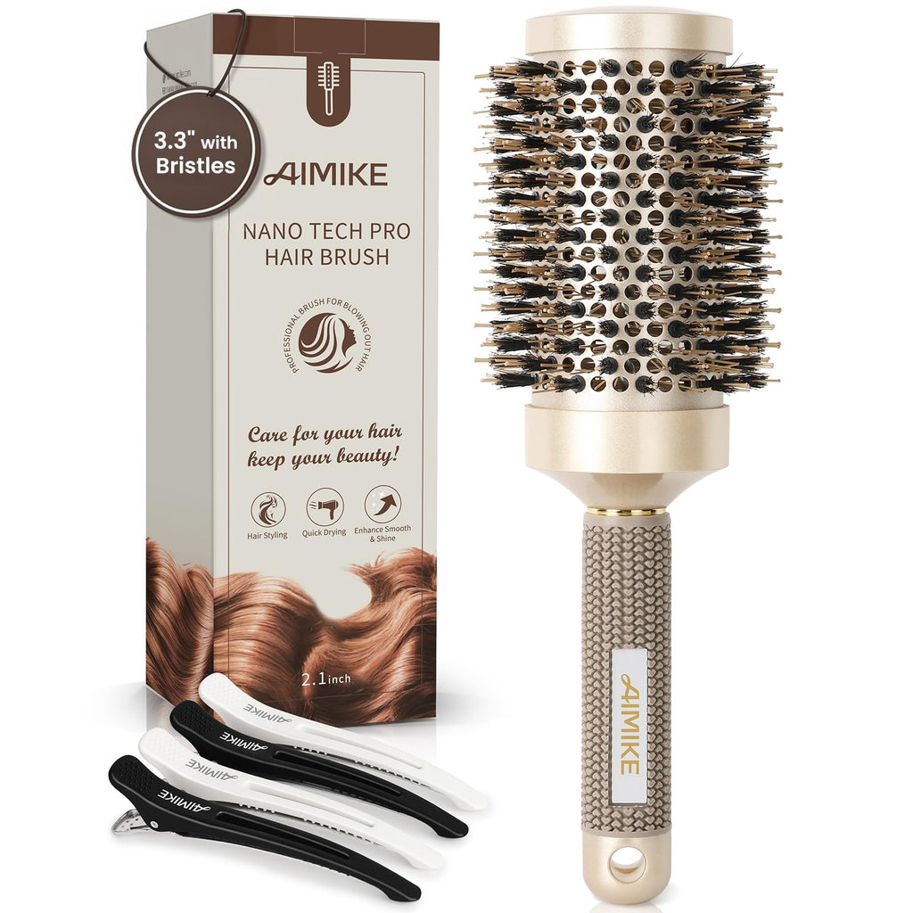 Buy now AIMIKE Round Hair Brush, Nano Thermal Ceramic & Ionic Tech, 2.1 Inch Barrel with Boar Bristles for Enhanced Texture, Golden, Hair Drying, Styling, Curling and Shine + 4 Free Clips 53mm-2.1 Inch Brush at indiglob india