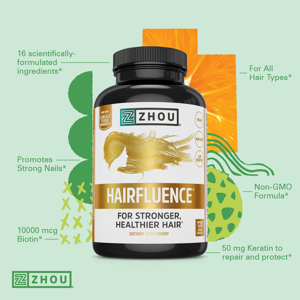 Zhou Hairfluence Supplement - 120 Veggie Capsules (Pack of 1) | Vegan Biotin Supplement for Hair Growth for Men & Women, Supports Stronger & Healthier Hair & Nails