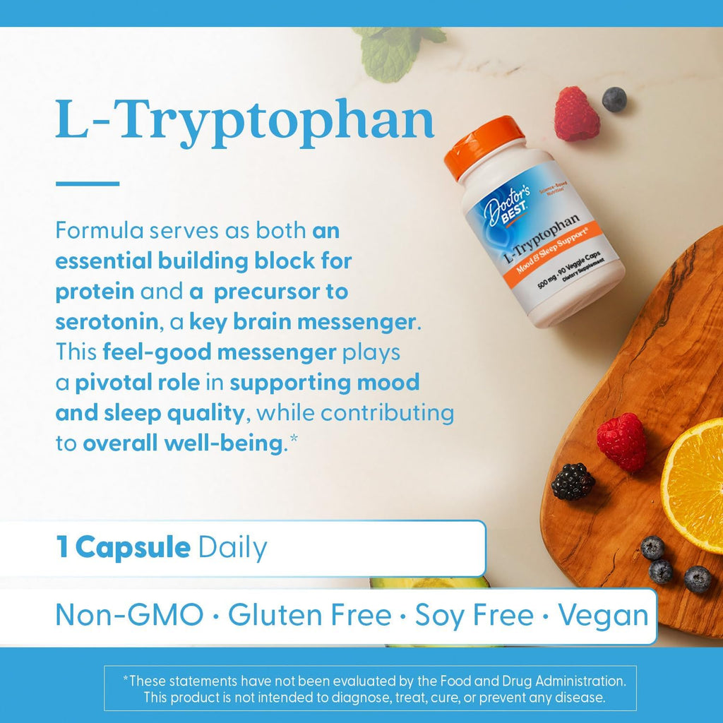 Buy now Doctor's Best L-Tryptophan , Helps Sleep, Healthy Mood & Behavior, Non-GMO, Vegan, Gluten & Soy Free, Veggie Caps, Promotes Normal, Healthy Restful Sleep, 90 Count at indiglob india