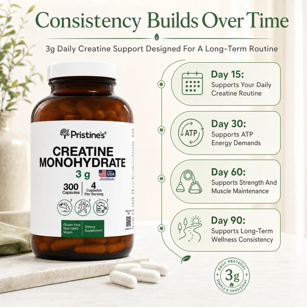 PRISTINE'S NSF Certified Creatine Monohydrate 3g Capsules, 75 Servings | Vegan, non-GMO and gluten-free. NSF Certified creatine capsules with 75 servings and no powder scoop, mixing, grit or flavor