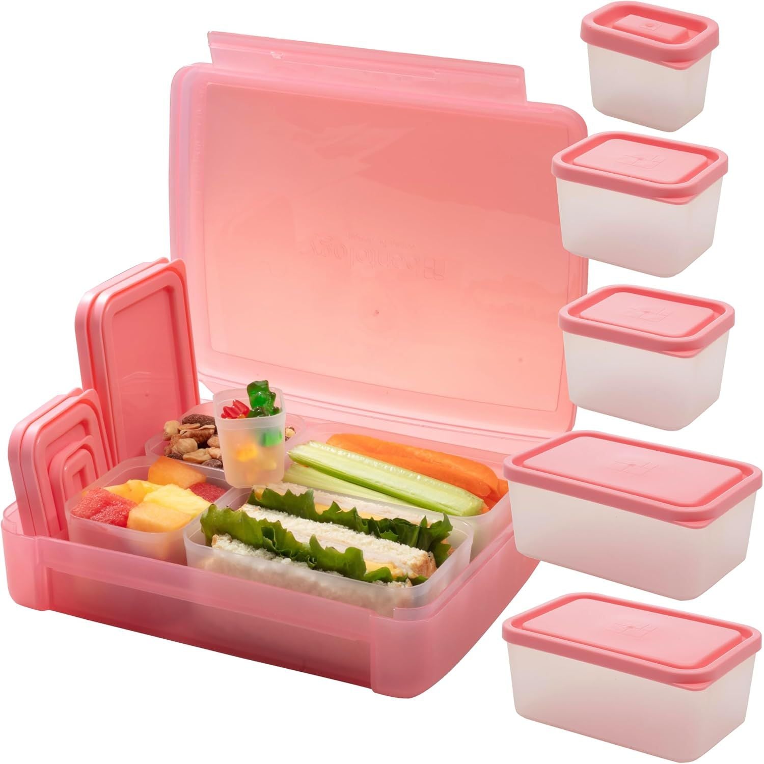 Buy now BentologyTM Clear Bento Lunch Box Set w 5 Removable Nesting Containers- Adapt Inner Compartment Portion Sizes- Meal Prep Snack Holders for Back to School, Leakproof Durable & BPA Free- Dishwasher Safe Pink at indiglob india
