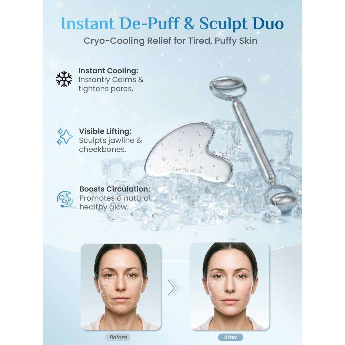Rena Chris Gua Sha and Face Roller Set: Anti-Breakage Stainless Steel Roller for Long-Lasting Use, Jawline Sculpting and Puffiness Reducing, Gua Sha Facial Tools for Self Care Gift (Silver)