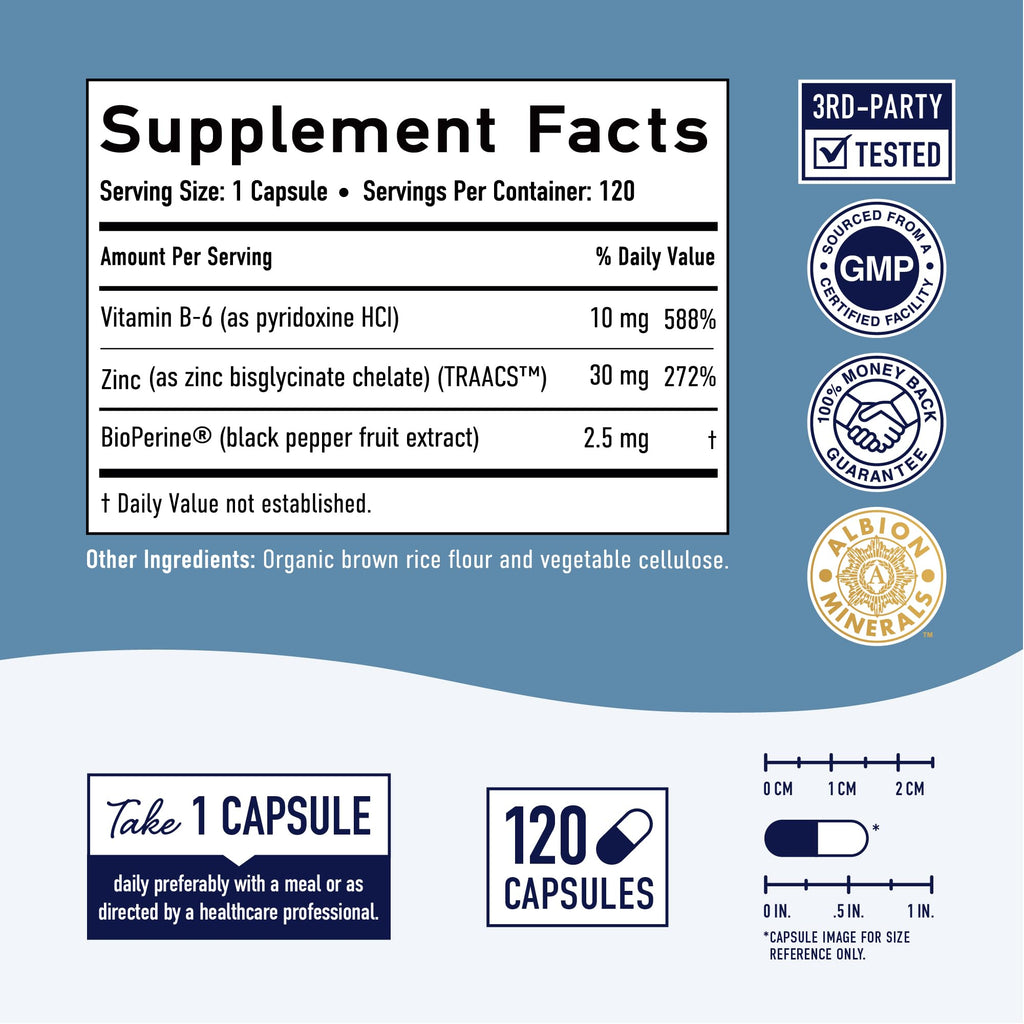 Chelated Zinc Supplements, Zinc Glycinate 30mg, Highly-Absorbable, Non-GMO | TRAACS Chelated Bisglycinate Vitamin B6 & BioPerine, Immune Acne & Energy Support, Gluten-Free, 120 Capsules (4 Month Supply)
