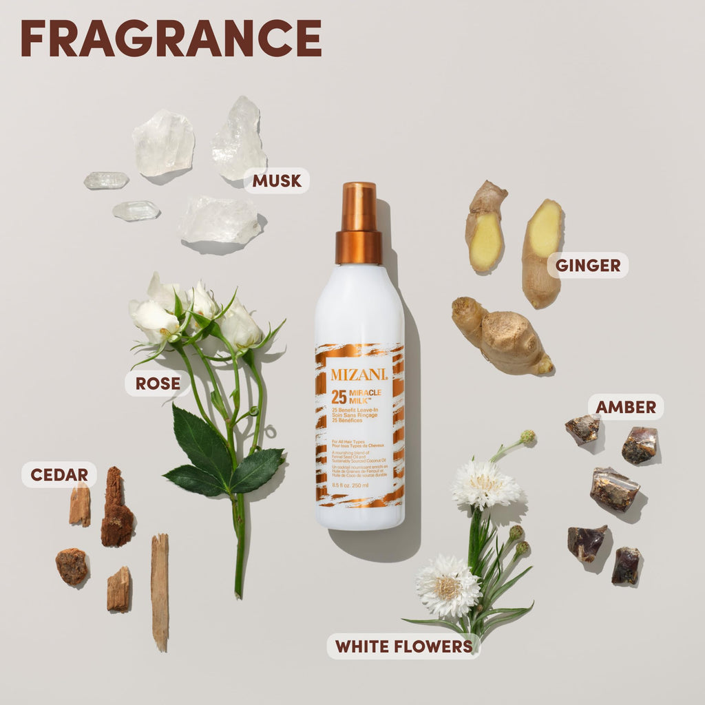Mizani 25 Benefit Miracle Milk - Leave in Conditioner for Curly Hair, With Coconut Oil, Curl Detangler Spray, Anti Frizz Heat Protectant, No Drying Alcohols, Paraben-Free
