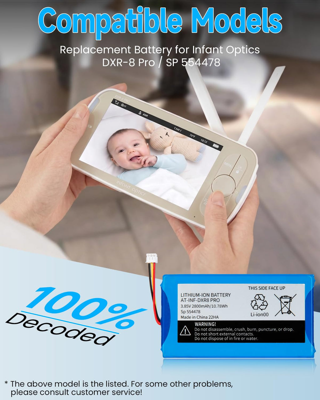 Battery Replacement for Infant Optics DXR-8 Pro Battery - 2800mAh Rechargeable Battery Compatible with DXR-8 PRO & PRO SS Video Baby Monitor / Model SP 554478 - 3.85V / 10.78Wh (Not Work with DXR-8)