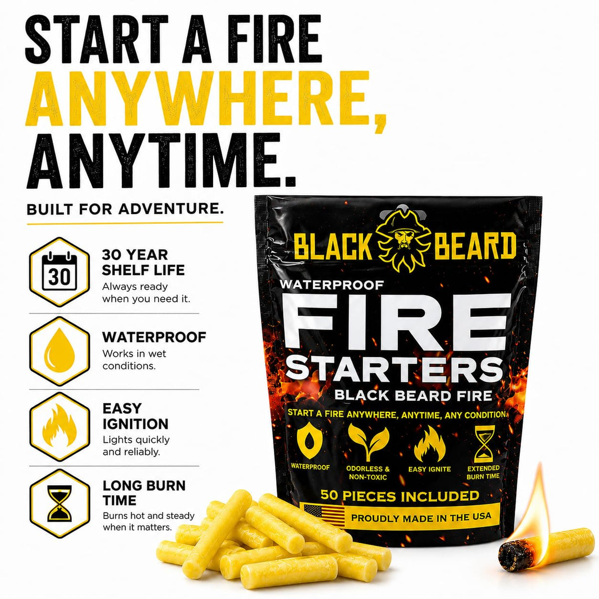 Black Beard Fire Plugs (50 Plugs) | 100% Weatherproof Fire Starter for Campfires | Can Light 50+ Fires | Extra Long Burn Time | 30 Yr Shelf Life for Emergency Survival Kits | Made in USA, Yellow
