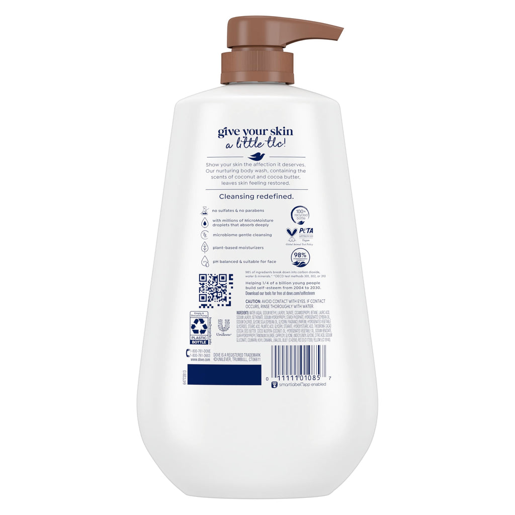 Dove Body Wash Restore Coconut & Cocoa Butter 30.6 oz Pump, Sulfate Free | Dove Coconut & Cocoa Butter Body Wash nourishes dry skin with creamy coconut scent and MicroMoisture technology.