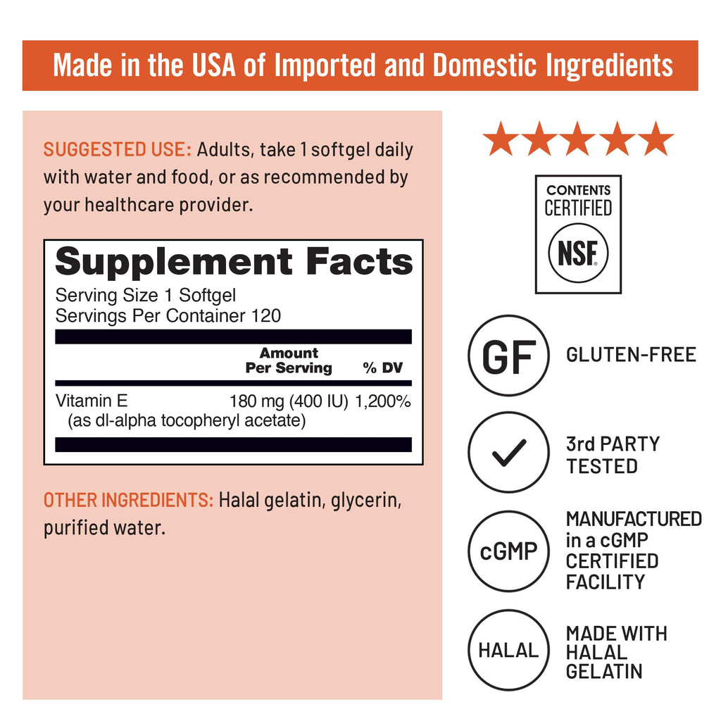 NatureWise Vitamin E 400 IU Softgels (180mg DL-Alpha) - Dairy, Gluten & Soy Free - Non-GMO Antioxidant-Rich Dietary Supplement for Skin, Heart, and Immune Health Support - 4-Month Supply, 120 Count