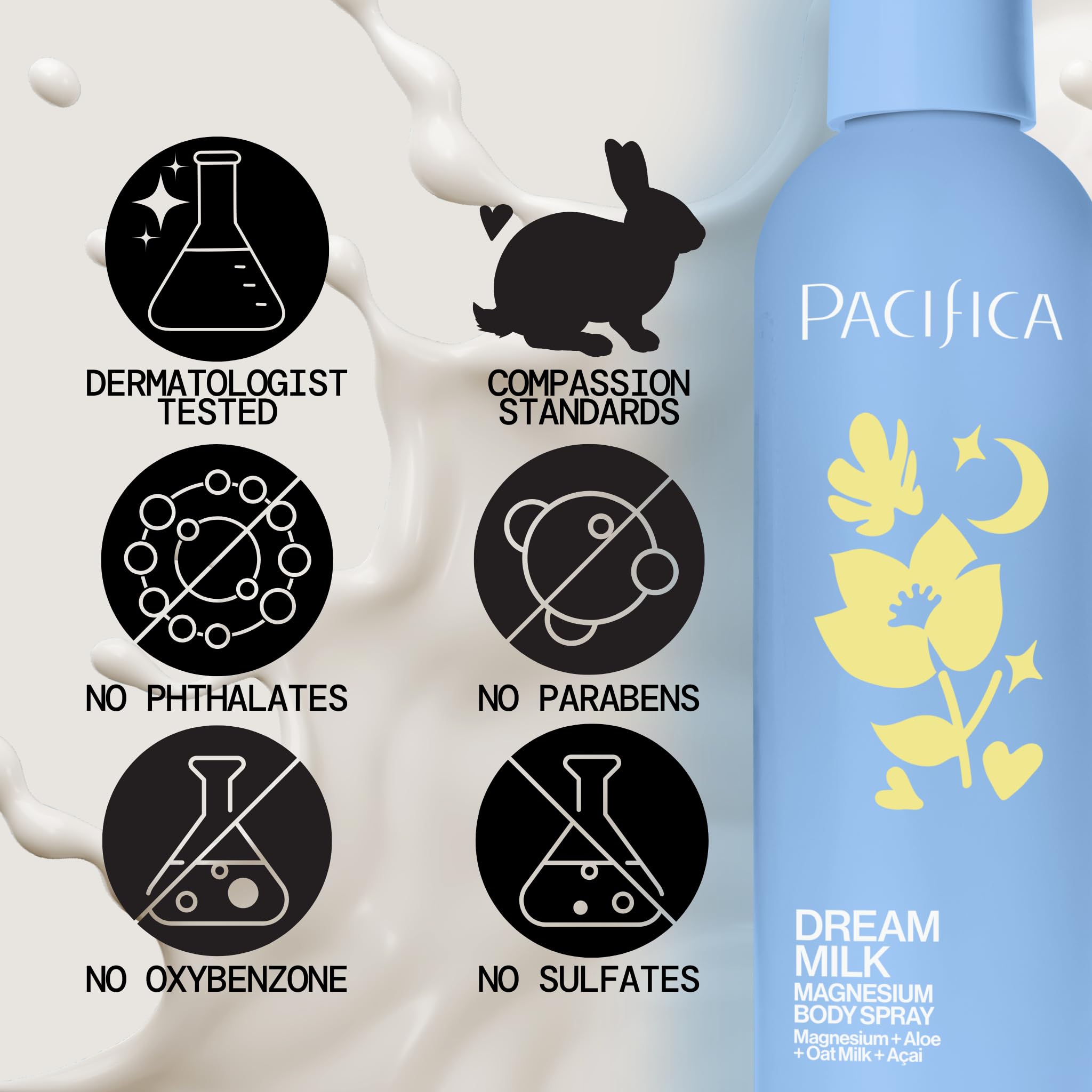 Pacifica Dream Milk Magnesium Spray for Sleep & Relaxation - Natural Magnesium Body Mist Infused with Lavender, Chamomile & Essential Oils, Vegan & Cruelty-Free, Clean Beauty, 8 fl oz