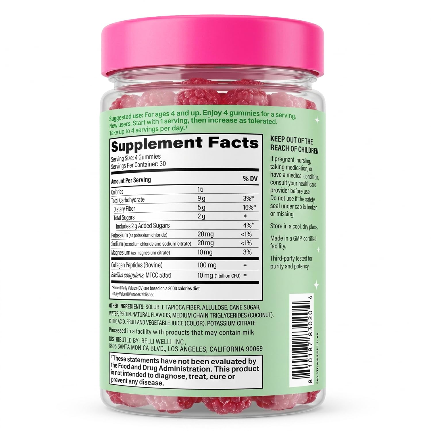 Belli Welli Fiber Gummies for GLP-1 Support - Watermelon - Tapioca Prebiotic Fiber Gummy - Digestive Health & Regularity for Women, Men, Kids - 120CT
