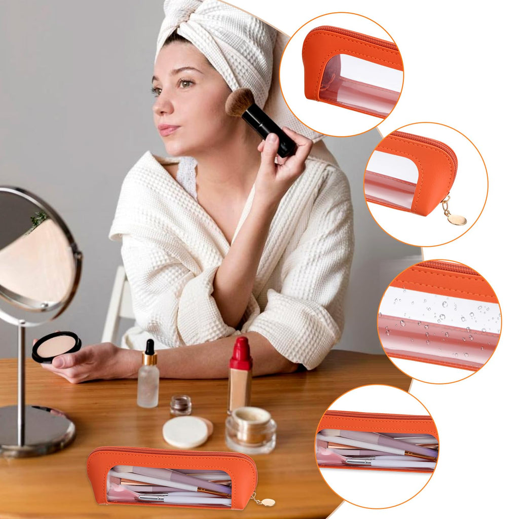 Discover the Psyqtsuary Small Clear Makeup Bag in elegant orange, perfect for organizing cosmetics. 100% genuine PU leather design.