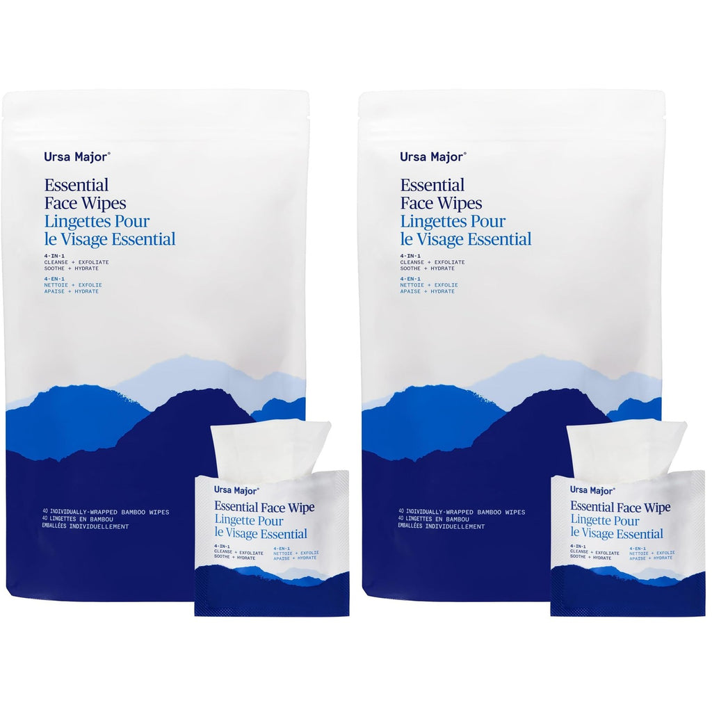 Ursa Major Essential Face Wipes | Natural, Biodegradable, Cruelty-Free | Cleanse, Exfoliate, Soothe and Hydrate | Individually Wrapped | 20 Count