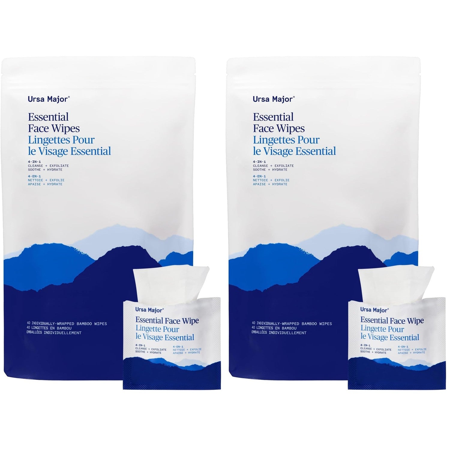 Ursa Major Essential Face Wipes | Natural, Biodegradable, Cruelty-Free | Cleanse, Exfoliate, Soothe and Hydrate | Individually Wrapped | 20 Count