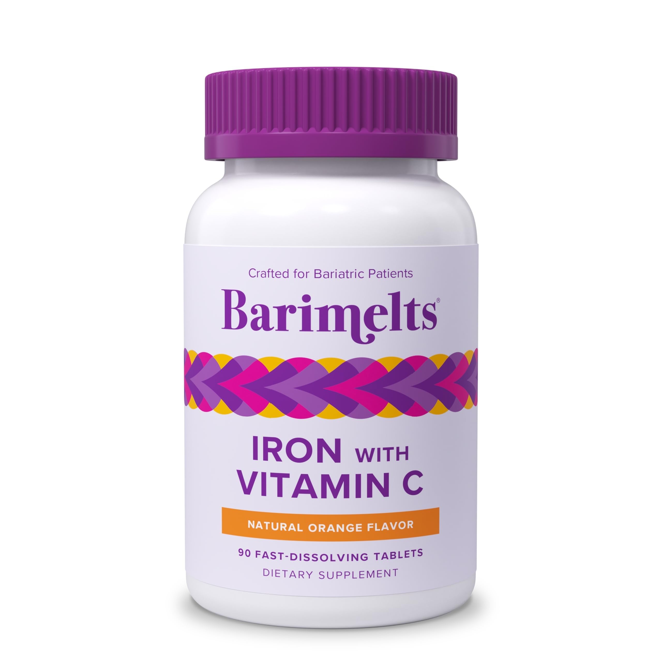 Barimelts Iron with Vitamin C, 180 Fast-Dissolving Tablets (2-Month Supply), Sugar-Free Bariatric Iron Supplement for Women, Natural Orange Flavor