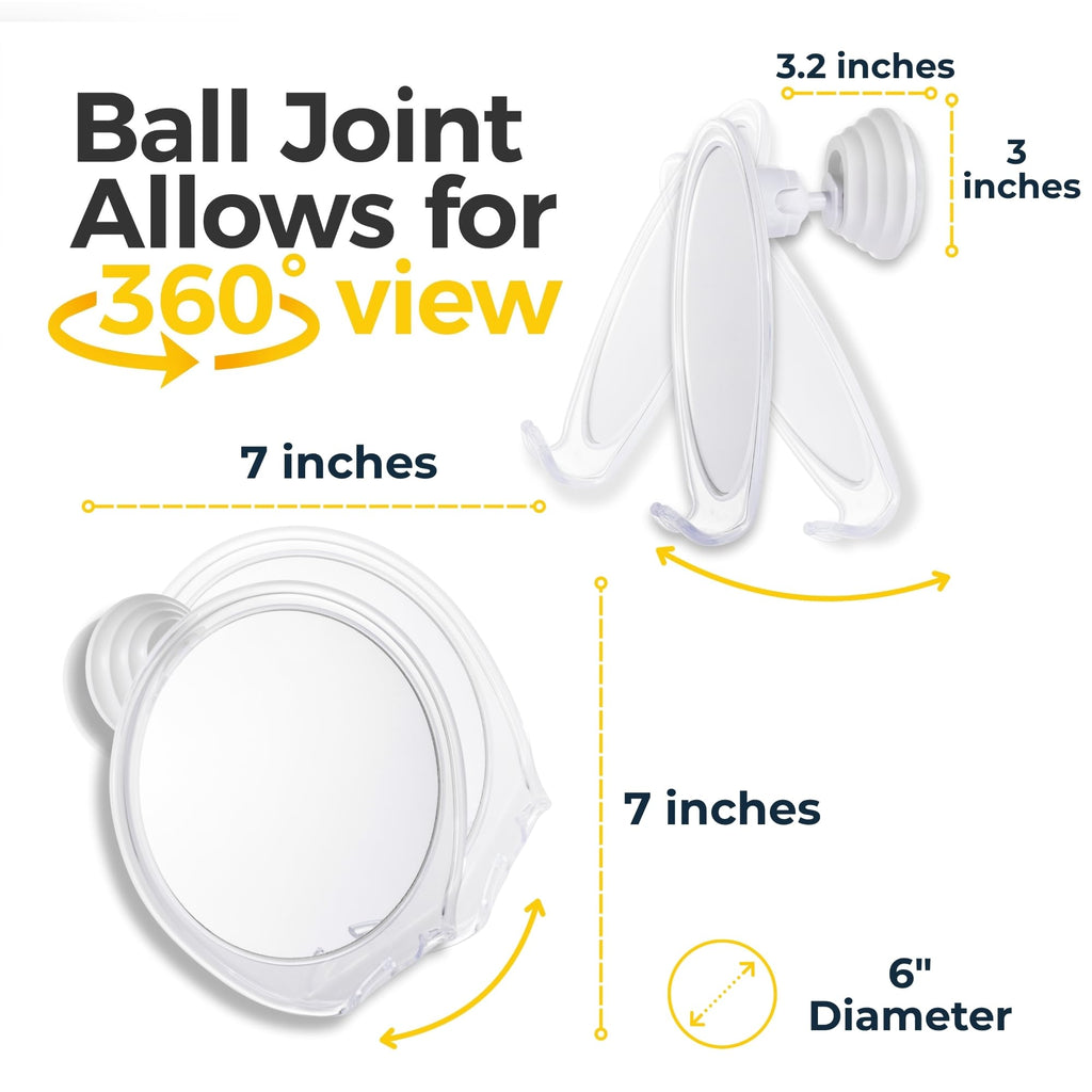 HONEYBULL Fogless Shower Mirror for Shaving with Suction Mount, White | Shatterproof Acrylic Bathroom Accessory With 360 Swivel & Built-in Razor Hook, Clear Reflection in Steam & No-Drill Setup