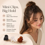 54Pcs Mini Hair Clips for Women, 0.6 in / 1.5 cm Small Claw Clips Without Snagging, Strong Grip Tiny Plastic Hair Clips for Styling Buns, Half-Up Looks, Bangs(Black,Clear,Brown)