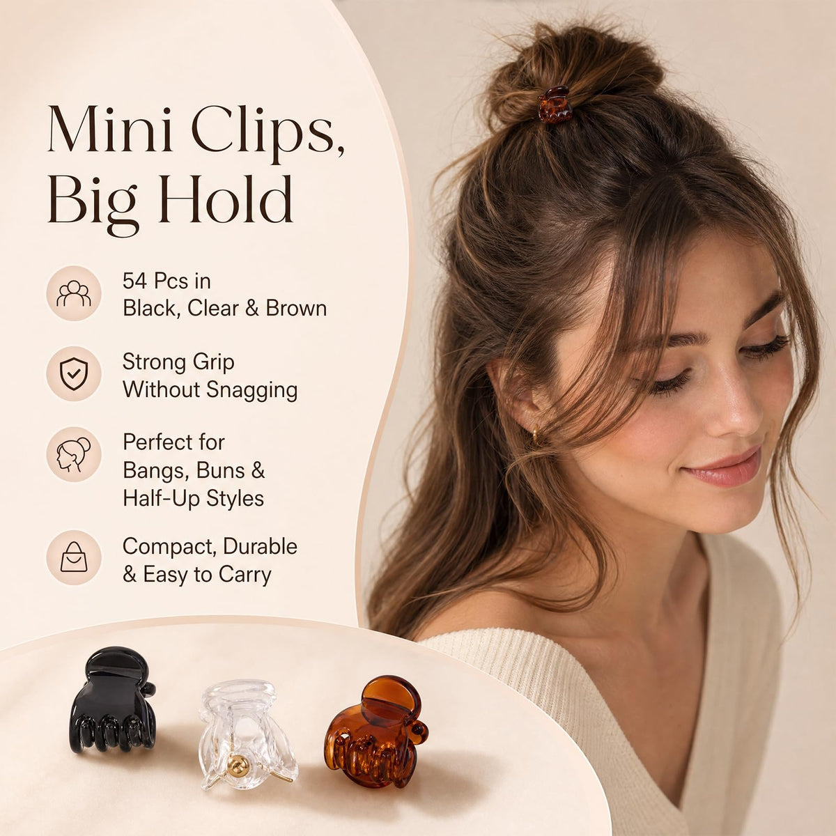 54Pcs Mini Hair Clips for Women, 0.6 in / 1.5 cm Small Claw Clips Without Snagging, Strong Grip Tiny Plastic Hair Clips for Styling Buns, Half-Up Looks, Bangs(Black,Clear,Brown)