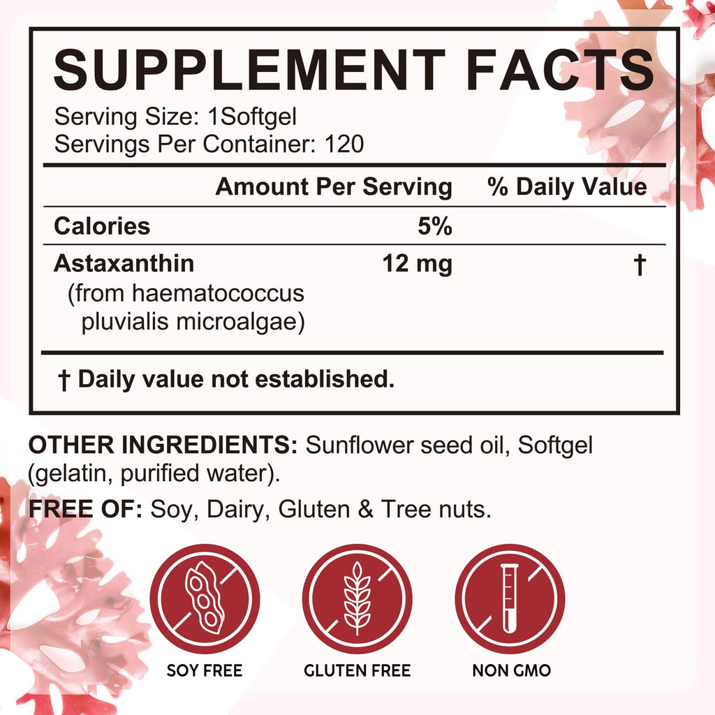 Tiuedu Astaxanthin 12mg, 120 Softgels, 4 Month Supply, Astaxanthin Antioxidant Supplements, Supports Eye, Joint, Internal Circulation, Skin Health