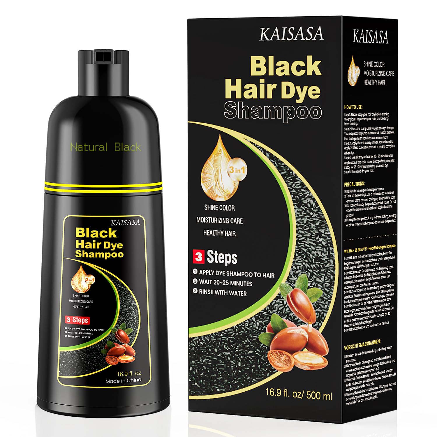 KAISASA Black Hair Dye Shampoo 3 in 1,Hair Color Shampoo for Women and Men | Hair Dye Shampoo Covers Gray Hair