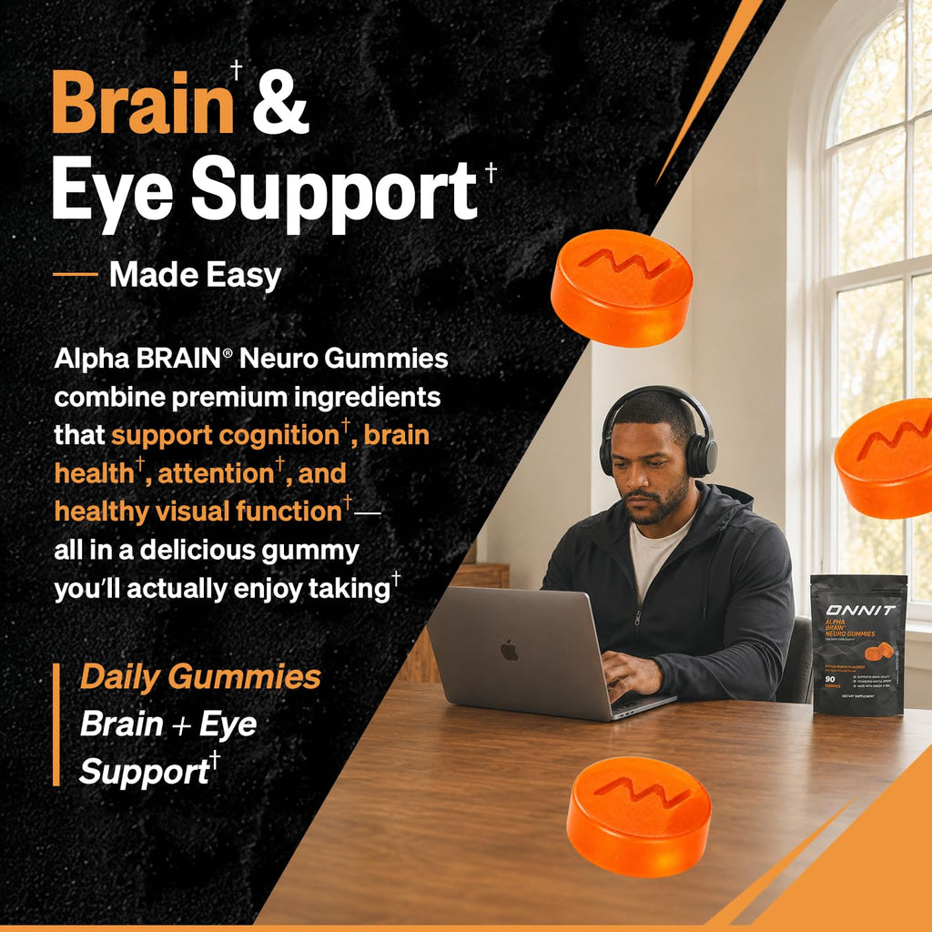 ONNIT Alpha Brain Neuro Focus Gummies, Omega-3 Brain & Eye Support, 90 Ct | IGEN Non-GMO Tested vegan gummies; Omega-3s, Lutein, Zeaxanthin & caffeine; brain, eye & focus support for men & women