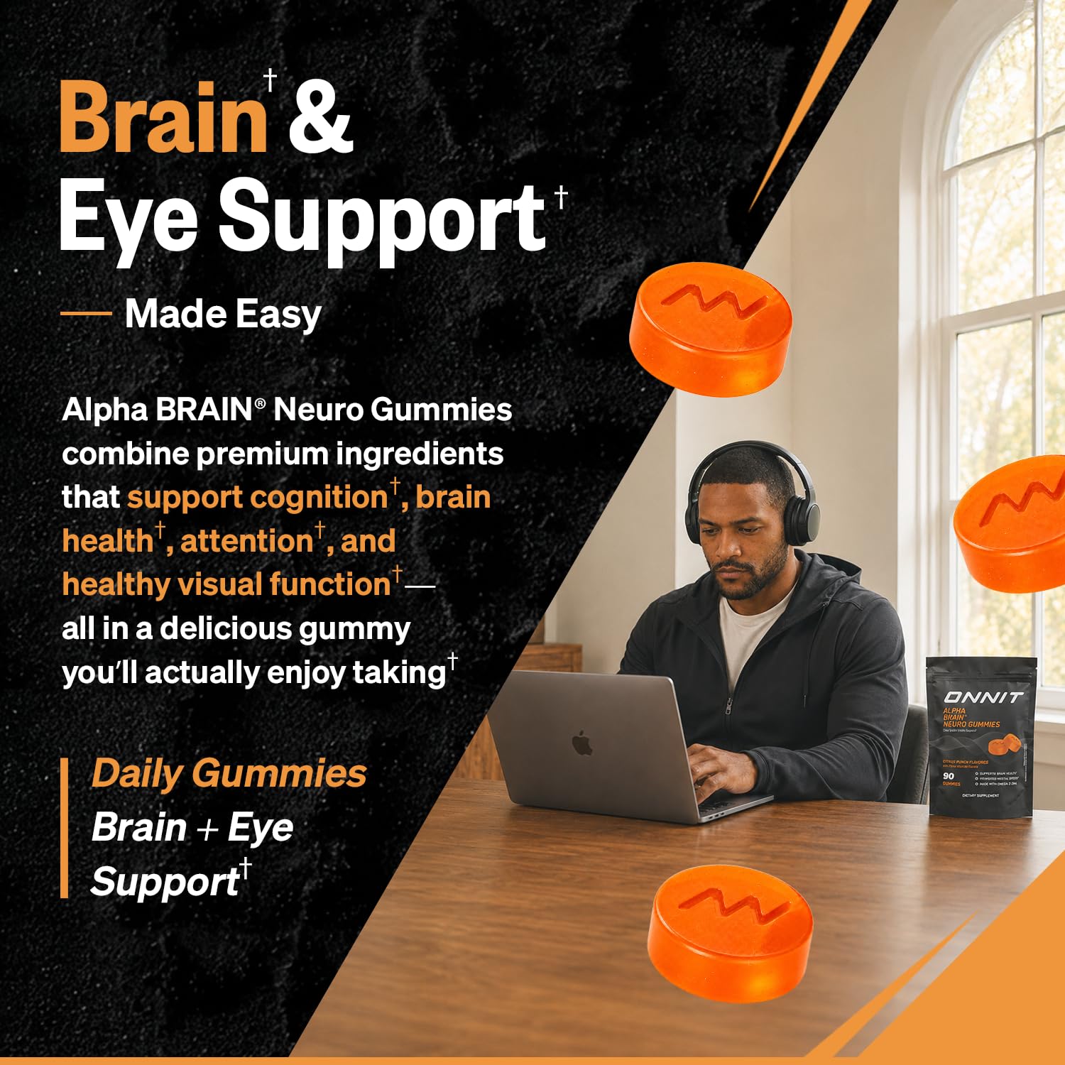 ONNIT Alpha Brain Neuro Focus Gummies, Omega-3 Brain & Eye Support, 90 Ct | IGEN Non-GMO Tested vegan gummies; Omega-3s, Lutein, Zeaxanthin & caffeine; brain, eye & focus support for men & women