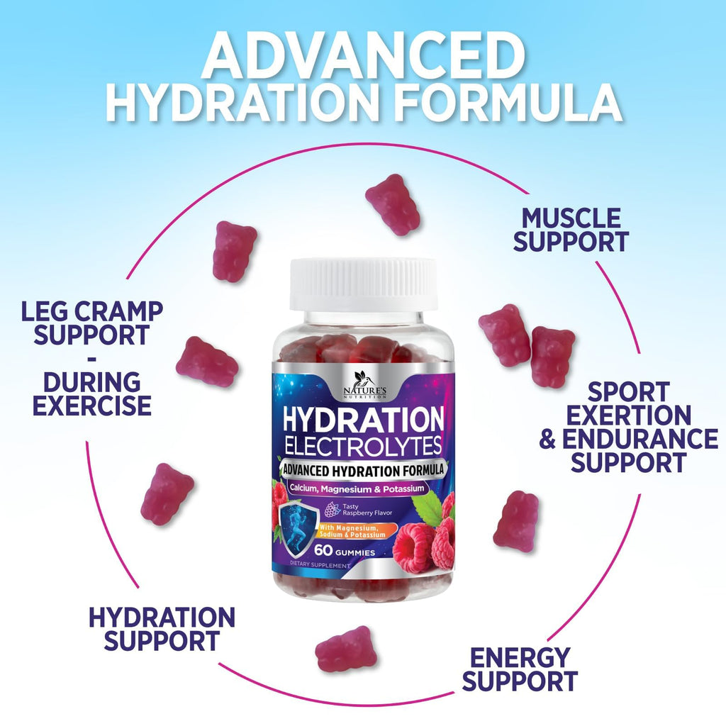 Hydration Electrolyte Gummies - Daily Liquid Replenisher Gummy - Electrolyte Multiplier with Minerals, Potassium & Real Salt, Vegan, Non-GMO, Tasty Raspberry Flavor Hydration Electrolytes - 60 Gummies